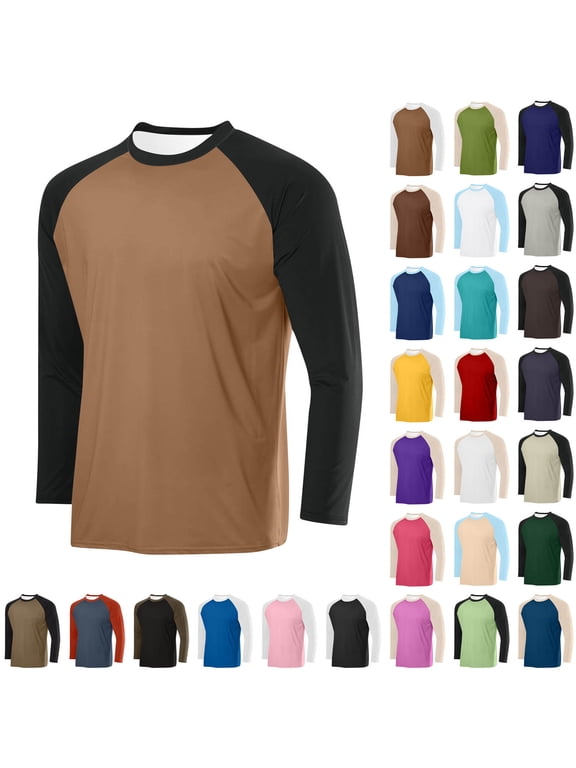 Men's Full Length Sleeve Raglan Polyester Tee Shirt Round Neck Breathable Solid Color Tops