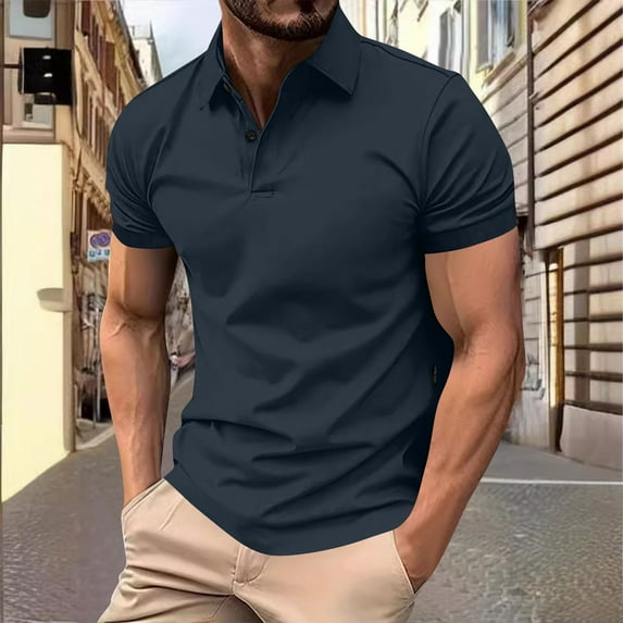 Otvok Men's Shirt Casual Fashion Solid Color Lapel T-shirt Short Sleeved Round Neck Tops