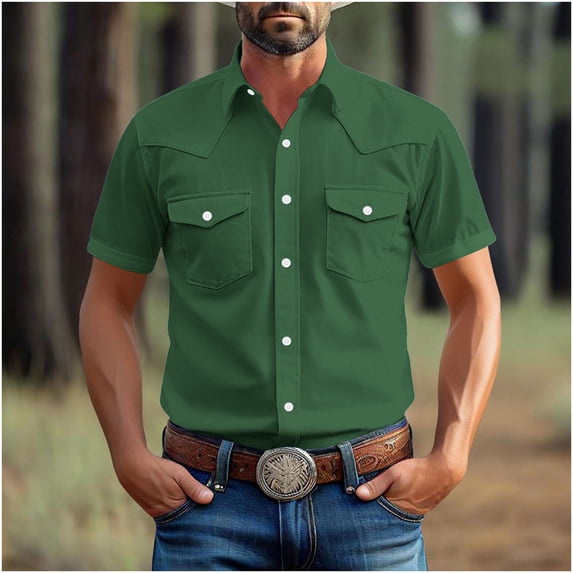 Otvok Mens Fashionable Vintage Solid Color Pocket Casual Short Sleeve Turndown Collar Shirt