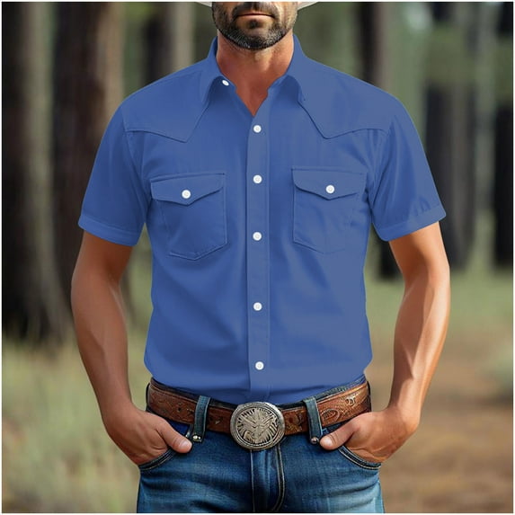 Otvok Mens Fashionable Vintage Solid Color Pocket Casual Short Sleeve Turndown Collar Shirt