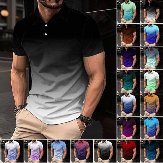 Otvok Men's Summer T-Shirts Short Sleeve Gradient Print Golf Shirts Stretch Lightweight Daily Collar Tees