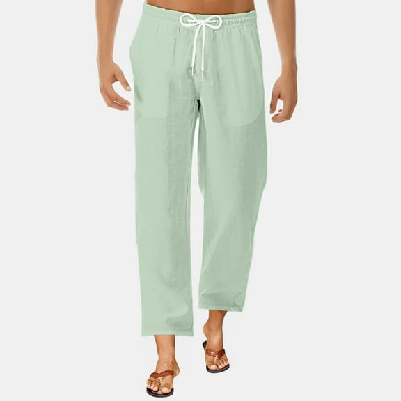 Otvok Mens Linen Solid Color Loose Fashionable Drawstring Pants with Pockets