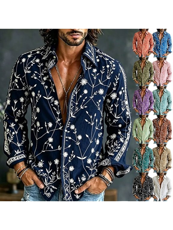 Mens Shirts, Floral Printed Collared Shirt for Men, Long Sleeve Button Front Casual Top with Wildflower Pattern for Outdoor Travel