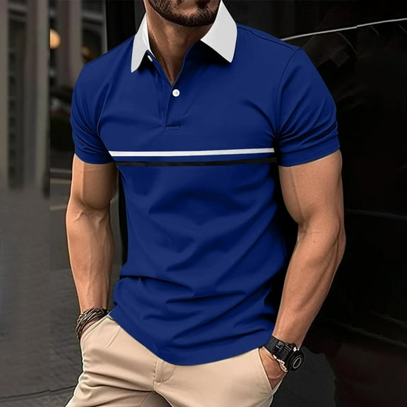 Otvok Mens Turndown Collar Blouse Casual Short Sleeve T Shirt Striped Moisture Wicking Golf Tops