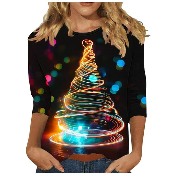 Otvok Merry Christmas Shirts Women'S 3/4 Sleeve Xmas Tree Vintage Graphic Tee Tops O-Neck T Shirt Blouse