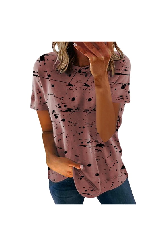Otvok New Tops for Women Fashion Round Neck Graffiti Print Loose Short Sleeve T-Shirt