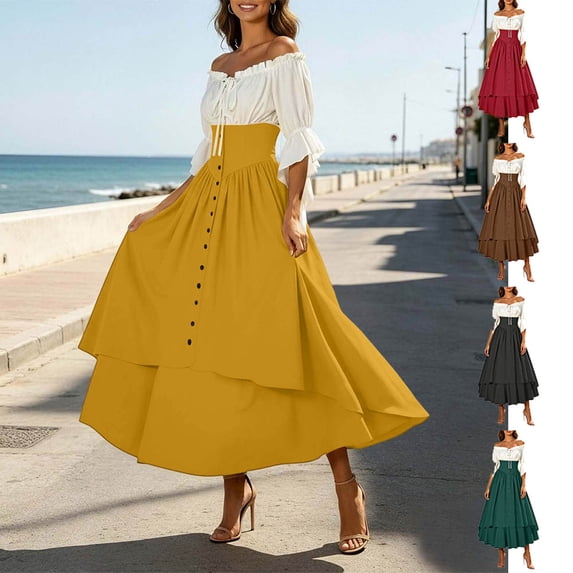 Otvok Off Shoulder Renaissance Dress Women, Lace Up Flare Sleeve Halloween Gown, High Waist Layer Midi Medieval Costume Dress