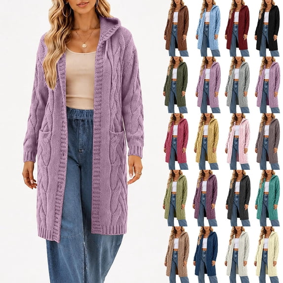 Otvok Open Front Maxi Knit Sweater Coat, Women Oversized Long Sleeve Hooded Cable Knit Casual Long Cardigan Outerwear