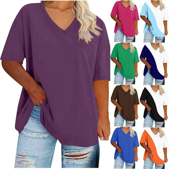 Otvok Oversized Tshirts for Women Summer Short Sleeve V Neck Tee Shirt Trendy Loose Workout Tee
