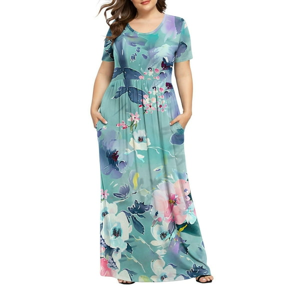 Otvok Plus Dresses for Women Casual Short Sleeve Round Neck Pleated Pocket and Ankle Dress