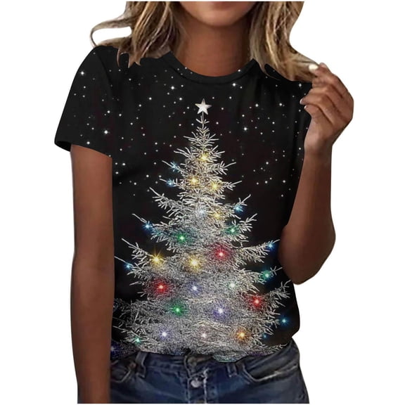 Otvok Plus Size Blouses for Women Merry Christmas Tree Print Blouse Holiday T Shirt Outfits Casual Short Sleeve Xmas Clothes