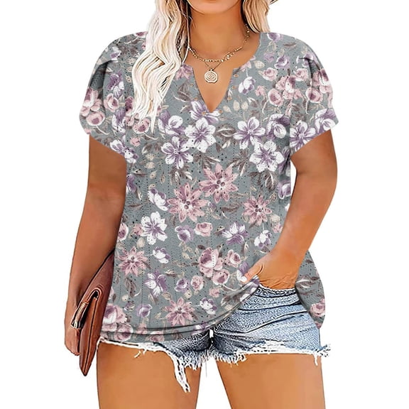 Otvok Plus Size Summer Tops for Women's Casual V Neck Hollow Tee Shirts Leaf Sleeve Loose Blouse