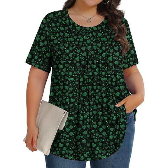 Otvok Plus Size Tops for Women Crew-Neck Short-Sleeved Pleated Loose Blouses