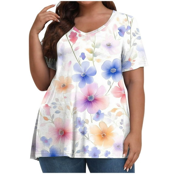 Otvok Plus Size Tops for Women Summer Printed Short Sleeve T-Shirt Blouses
