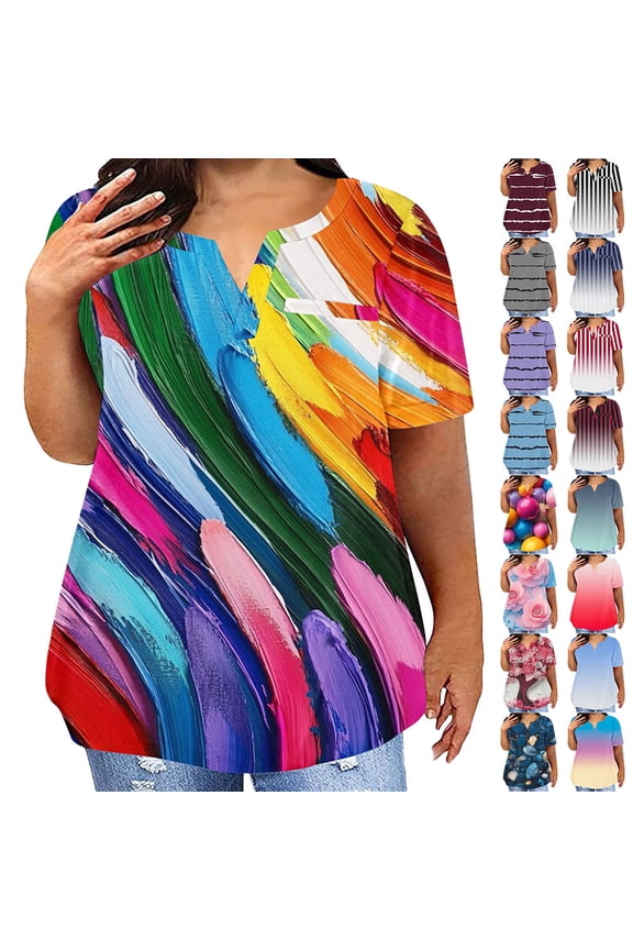 Plus Size Tops for Women Summer Tops Loose Fit Tee Shirts V-Neck Short Sleeve Blouses