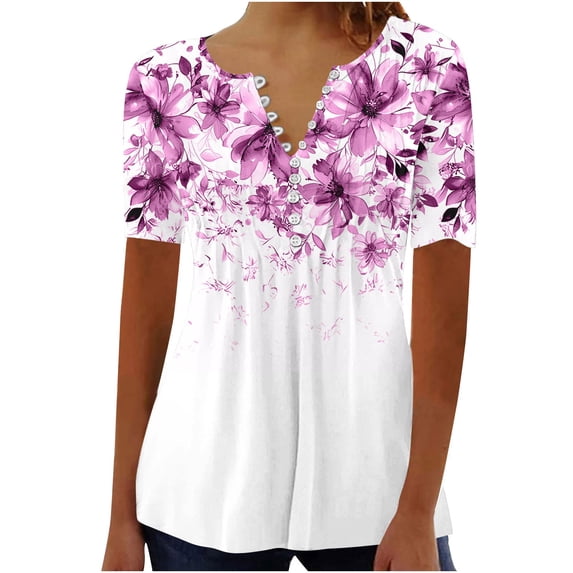 Otvok Plus Size Tops for Women's Summer Short Sleeve V-Neck Button Pleated Blouse Floral Tunic Tops