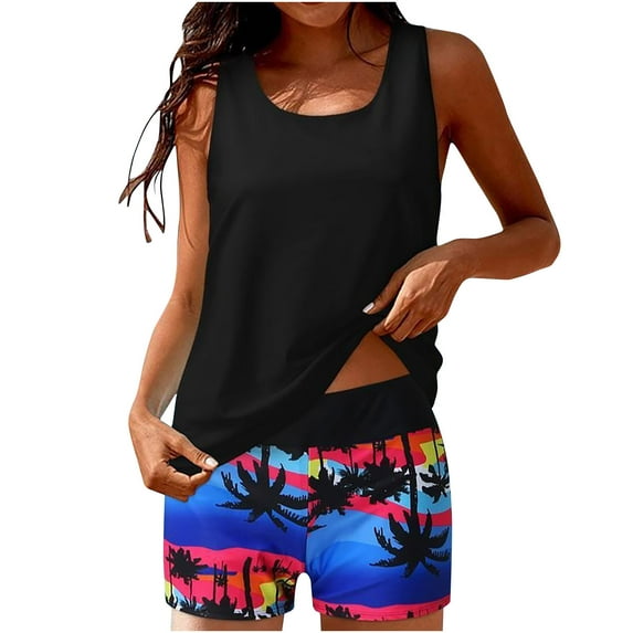 Otvok Plus Size Womens Tankini Sets Two Piece Tummy Control Bathing Suits with Shorts Modest Loose Athletic Swimwear L Black