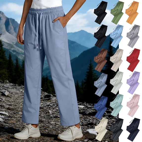 Otvok Relaxed Fit Womens Trousers, High Waist Drawstring Pocket Wide Leg Travel Pants with Side Pockets