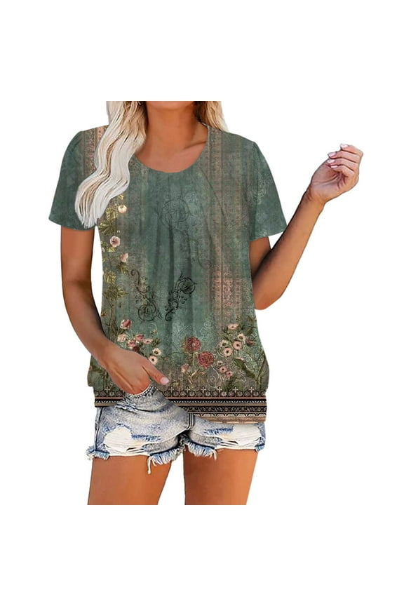 Ruched Round Neck Blouse Tees for Women Loose Short Sleeve Tops Classic T-Shirt
