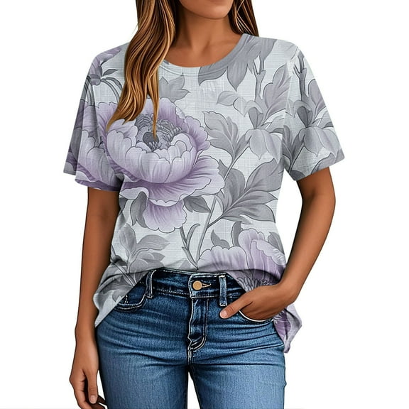 Otvok Shirt for Women's Round Neck Print Casual Print Short Sleeved Round Neck Tops