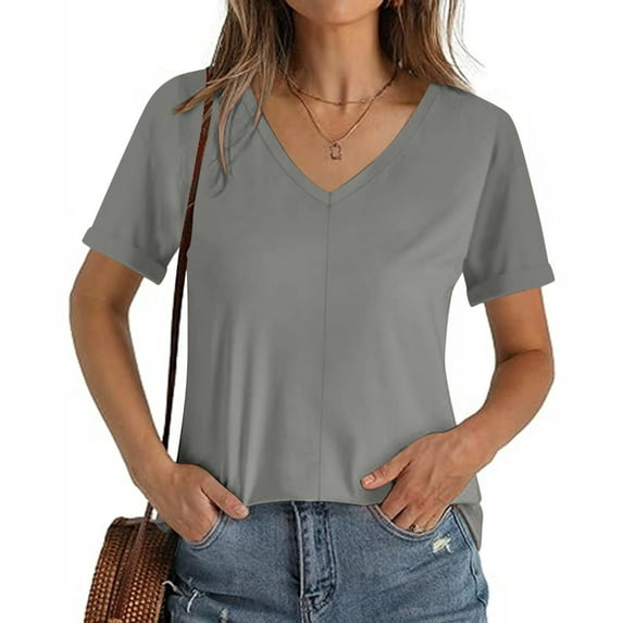 Otvok Short Sleeve Tops for Women V Neck Solid Summer Tshirts Seamed Rolled Sleeve Shirts Casual Tops