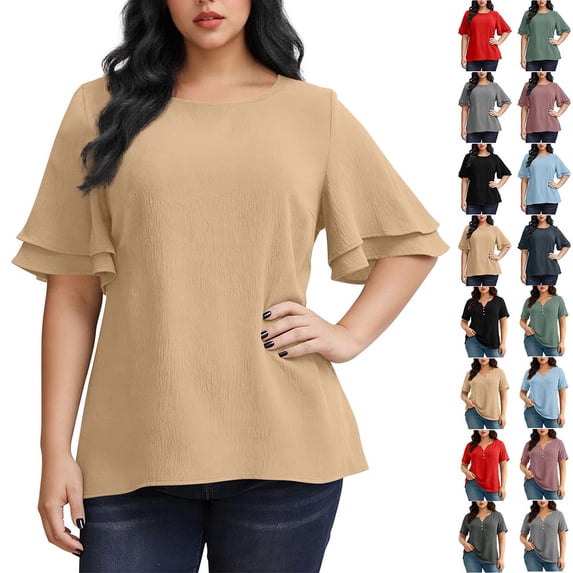 Otvok Solid Red Ruffle Short Sleeve Round Neck Tunic Plus Size Women Loose Fit Casual Daily Lightweight Summer Tops