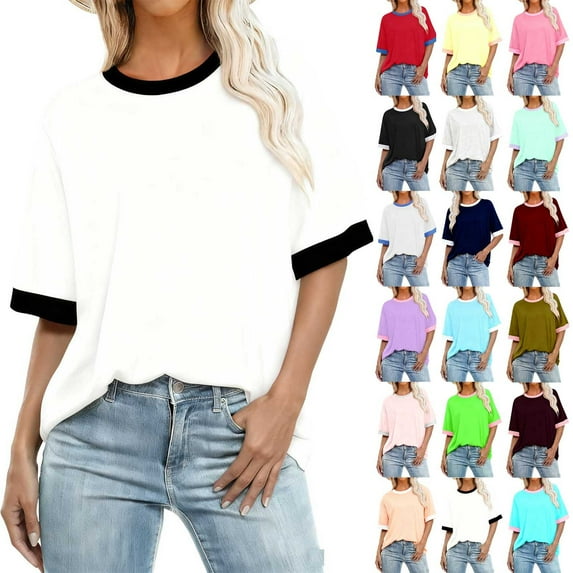 Otvok Spring Summer Base Layer T-Shirt for Women Plus Size Round Neck Short Sleeve Patchwork Color Blouses