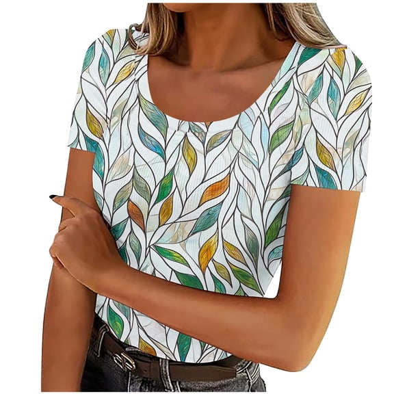 Otvok Spring Summer Blouse Women's Fashion Printed T-shirt Short Sleeve Round Neck Casual Tops