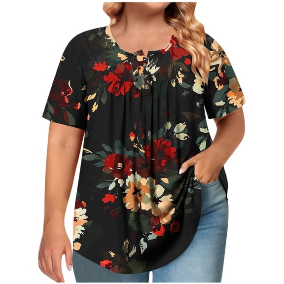 Otvok Spring Summer Plus Size Blouses Women's Short Sleeve Round Neck Button Up Pleated T-shirt