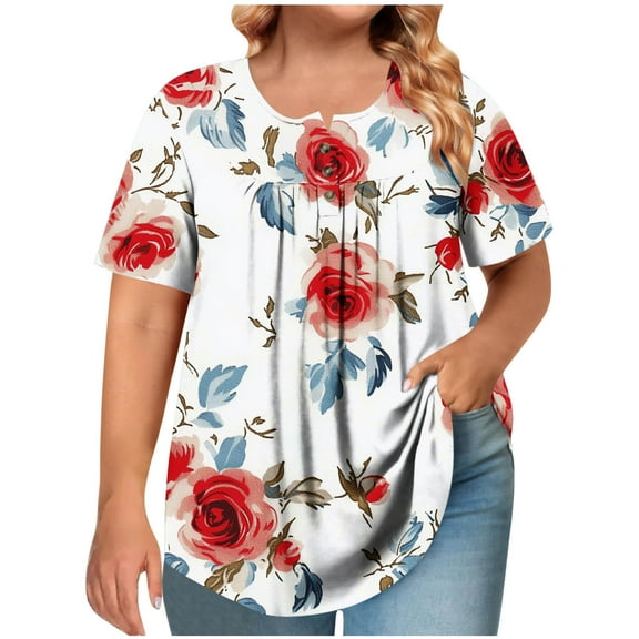 Otvok Spring Summer Plus Size Tops Women's Short Sleeve Round Neck Button Up Pleated T-shirt