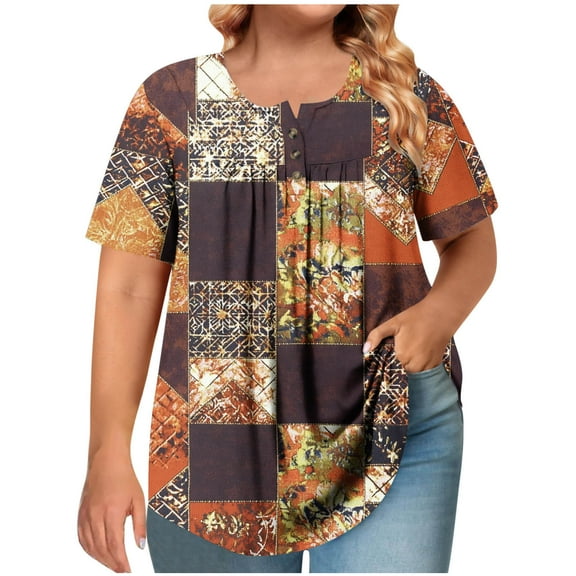 Otvok Spring Summer Plus Size Tops Women's Short Sleeve Round Neck Button Up Pleated T-shirt