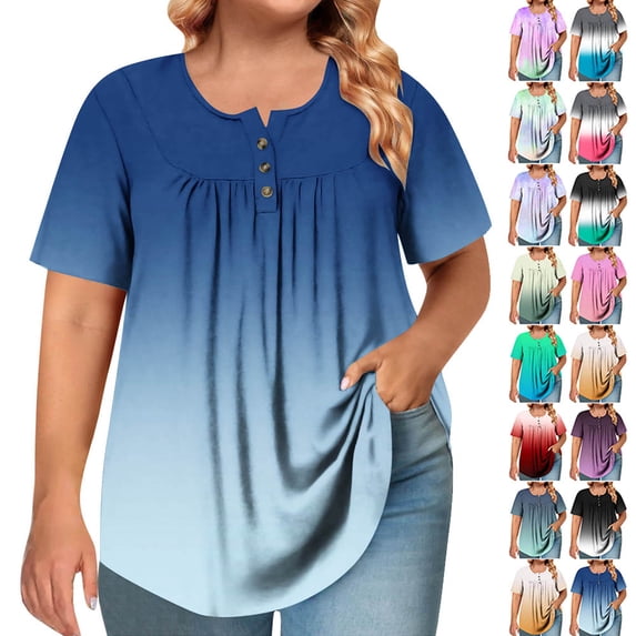 Otvok Spring Summer Plus Size Tops for Women Short Sleeve Round Neck Button Up Pleated T-shirt