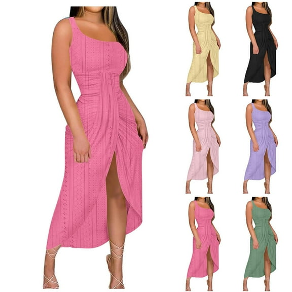Otvok Summer Dresses for Women, Women's One-Shoulder Stretch Dress Solid Color High Slit Elastic Wrinkle Dress