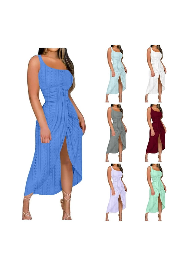 Summer Dresses for Women, Women's One-Shoulder Stretch Dress Solid Color High Slit Elastic Wrinkle Dress