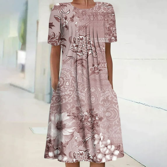 Otvok Summer Dresses for Women's Boho Sundress Short Sleeve Loose Casual Tshirt Dress with Pockets