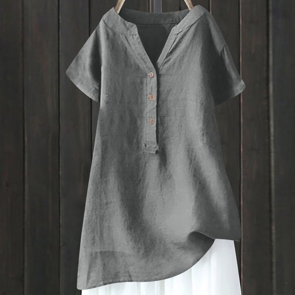 Otvok Summer Shirts Womens Blouse V-Neck Short Sleeve Loose Button Cotton and Linen Tunic Shirts