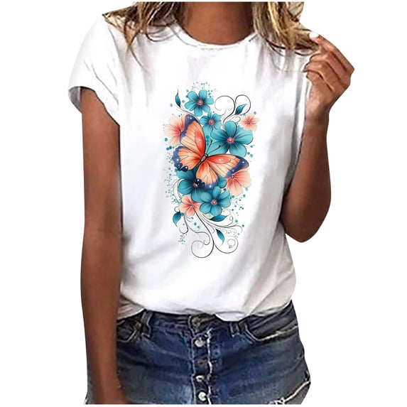 Otvok Summer Tops for Women Butterfly Floral Graphic Tees Short Sleeve Round Neck Soft Breathable Casual Vacation Outfits