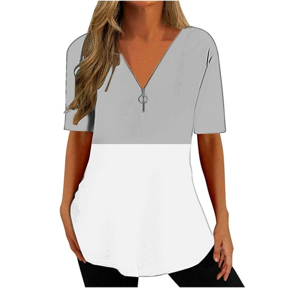 Otvok Summer Tops for Women's New Spring V-Neck Zipper Color Blocking Print Blouse Short-Sleeve V-Neck Shirt