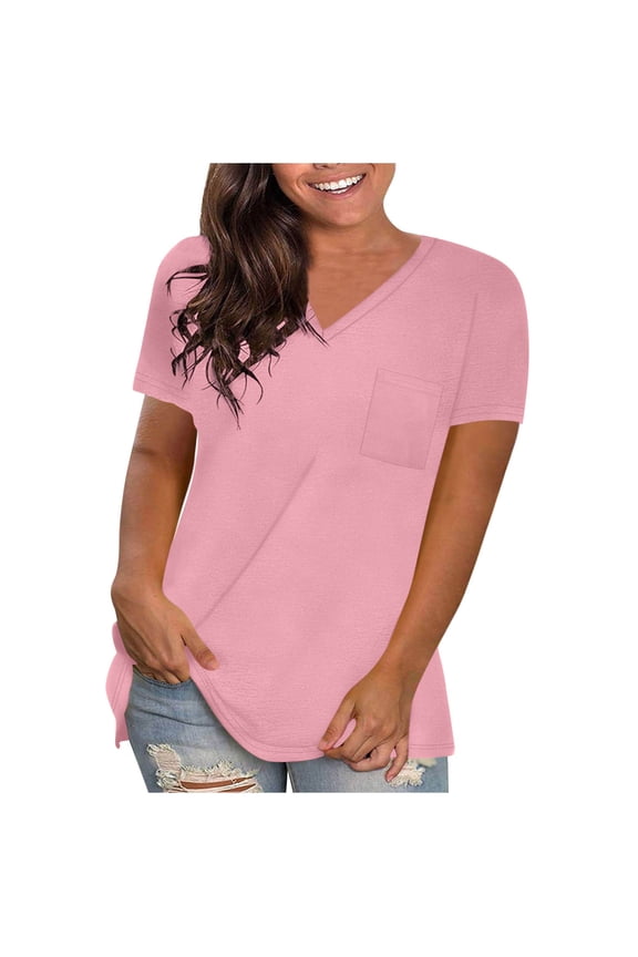 Summer Tops for Women's Plus Size Fashion Solid Short Sleeve T-shirt Blouse Loose Tops with Pockets V-Neck