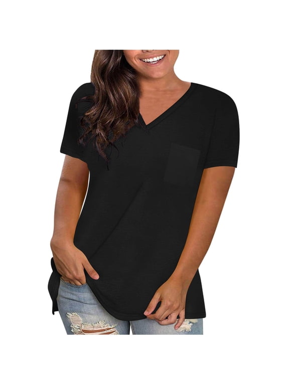 Summer Tops for Women's Plus Size Fashion Solid Short Sleeve T-shirt Blouse Loose Tops with Pockets V-Neck