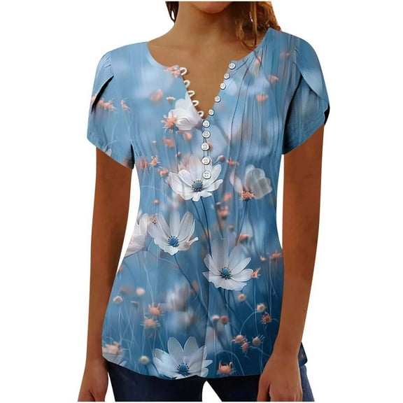 Otvok Summer Tops for Women's Short Sleeve V-Neck Button Pleated Blouse Floral Tunic Tunic Blouse