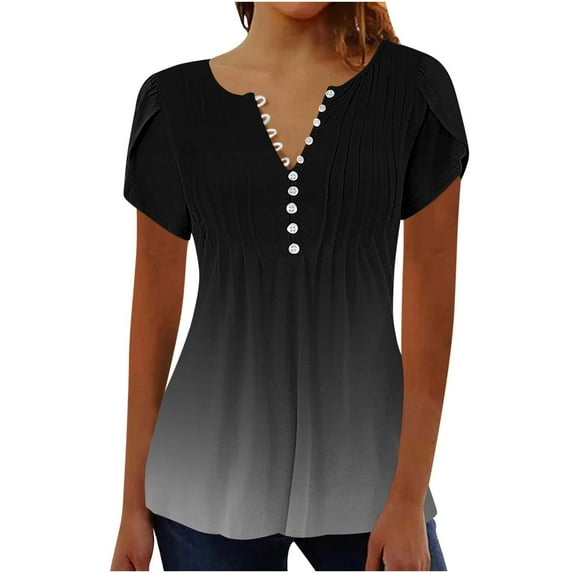 Otvok Summer Tops for Women's Short Sleeve V-Neck Button Pleated Blouse Floral Tunic Tunic Blouse