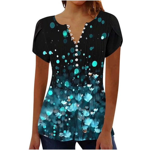 Otvok Summer Tops for Women's Short Sleeve V-Neck Button Pleated Blouse Floral Tunic Tunic Blouse