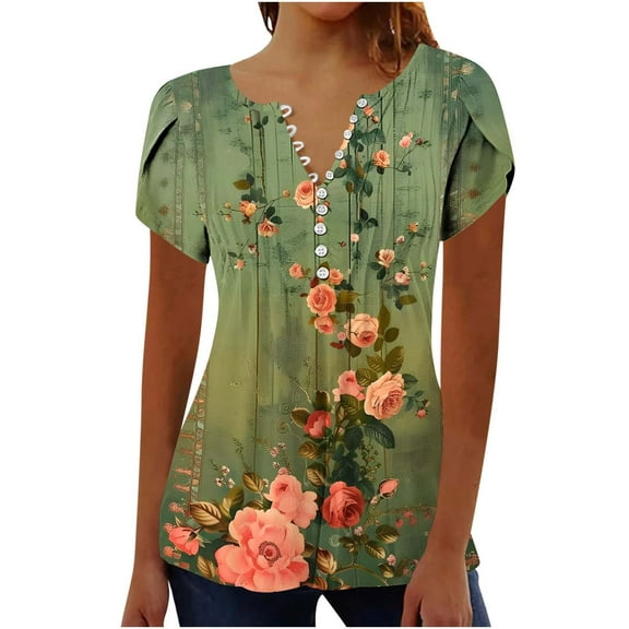 Otvok Summer Tops for Women's Short Sleeve V-Neck Button Pleated Blouse Floral Tunic Tunic Blouse