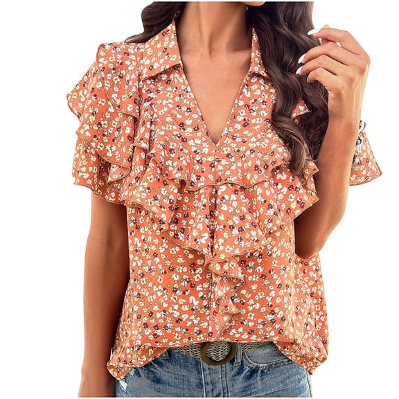 Otvok Summer Tunic Tops Women Tank Floral Printed Ruffle Sleeve V-Neck Casual Polyester Blouse