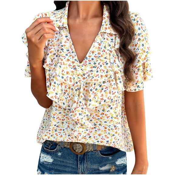 Otvok Summer Tunic Tops Women Tank Floral Printed Ruffle Sleeve V-Neck Casual Polyester Blouse