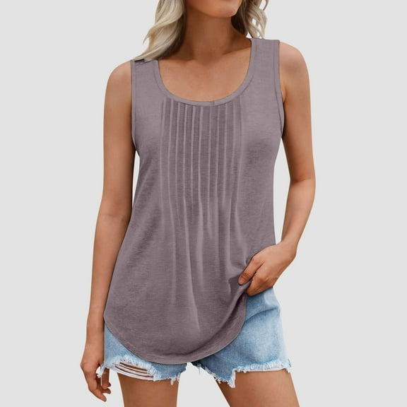 Otvok Summer Vest Women Solid Color Round Neck Sleeveless Casual Tee Tops Tank