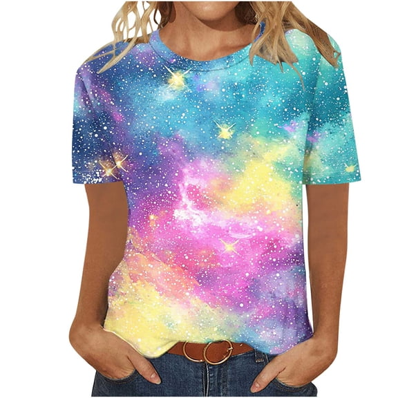 Otvok Summer Women'S T-Shirt Fashion Loose-Fit Casual Starry Sky Print Crew Neck Short Sleeve Tops