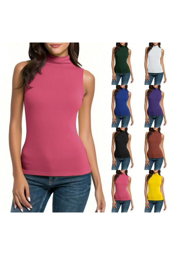 Summer Women Tank Top, Womens Turtleneck Business Casual Tops Slim Fit Plain Tee Shirts (Sleeveless)