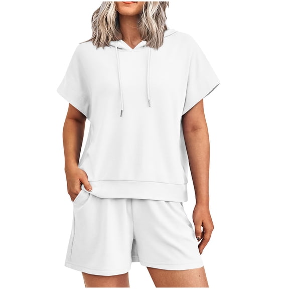 Otvok Summer Womens Sets Casual 2 Piece Outfits Short Sleeve Hoodie Tops and Shorts with Pockets